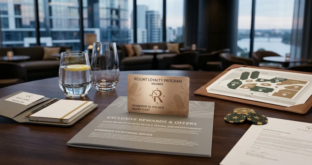 Illustration of a Melbourne integrated resort loyalty membership with generic card, dining, hotel and gaming motifs