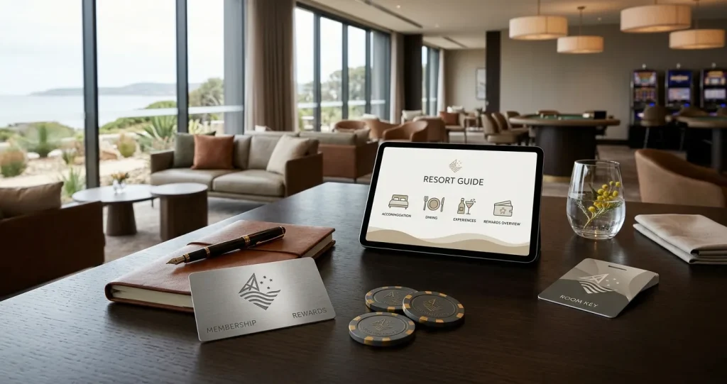 Illustration of a Perth integrated resort loyalty experience with hotel, dining and restrained casino motifs