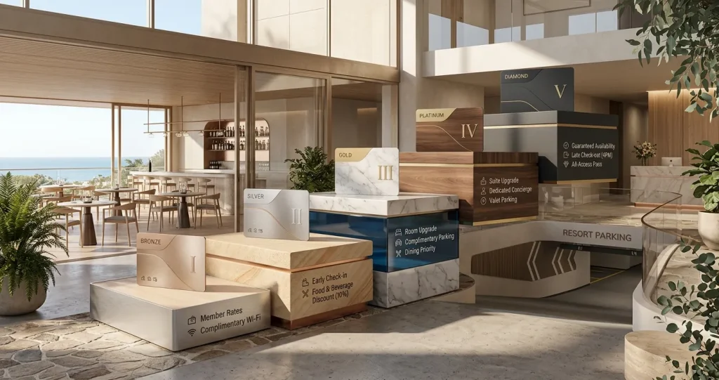 Illustration of hotel, dining and parking benefits arranged around a five-level loyalty membership concept