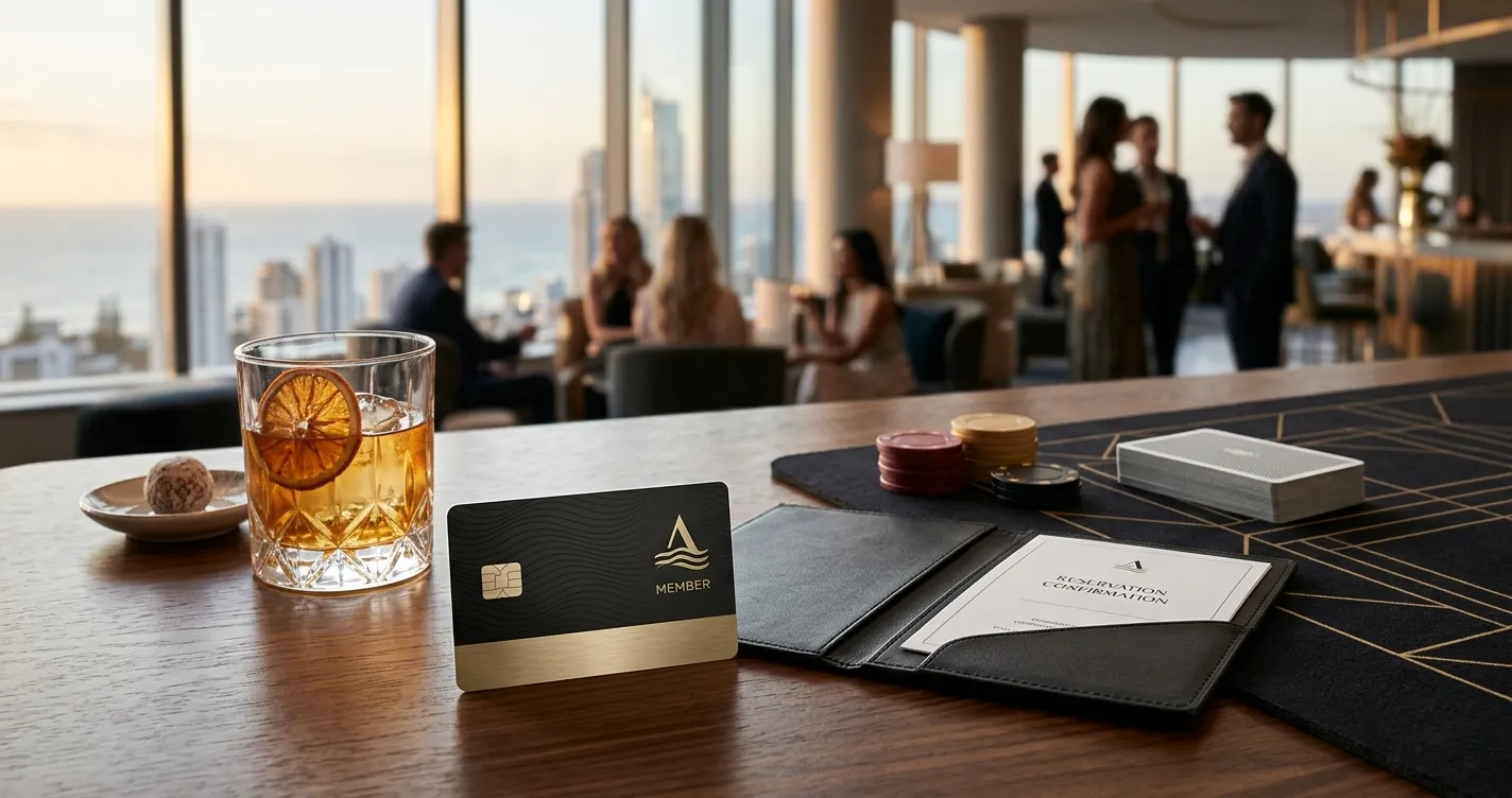 Illustration of an Australian integrated-resort loyalty card with hotel, dining and entertainment motifs