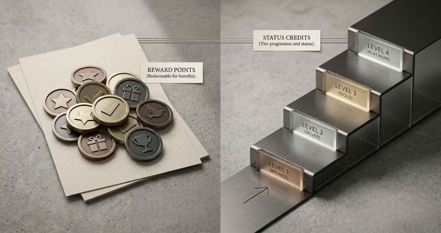 Editorial comparison of loyalty Points and Status Credits shown as two distinct progress systems