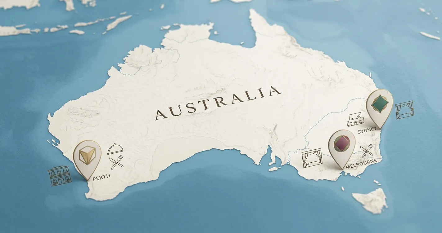Stylised map of Australia highlighting Melbourne, Perth and Sydney as three Crown Rewards resort contexts