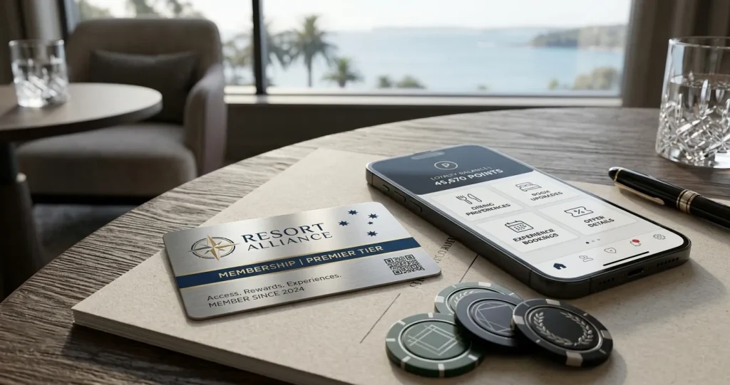 Illustration of a resort loyalty card beside generic table-game and rewards symbols